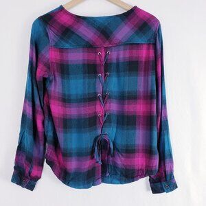 Cloth & Stone Lace Up Tie Back‎ Plaid Pullover Top